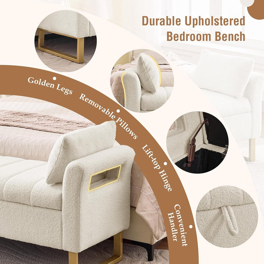66" King Size Storage Bench End of Bed Benches with Storage | Bedroom Benches for Foot of Bed King with Gold Legs,2