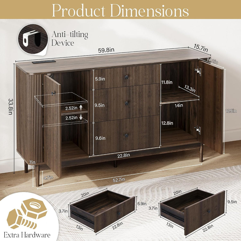 59" Buffet Cabinet with Drawers, Large Fluted Sideboard Buffet Storage Cabinet with Charging Station