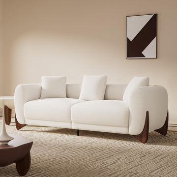 Modern Cloud Couch - 3 Seater Sherpa Boucle Sofa with Wood Legs