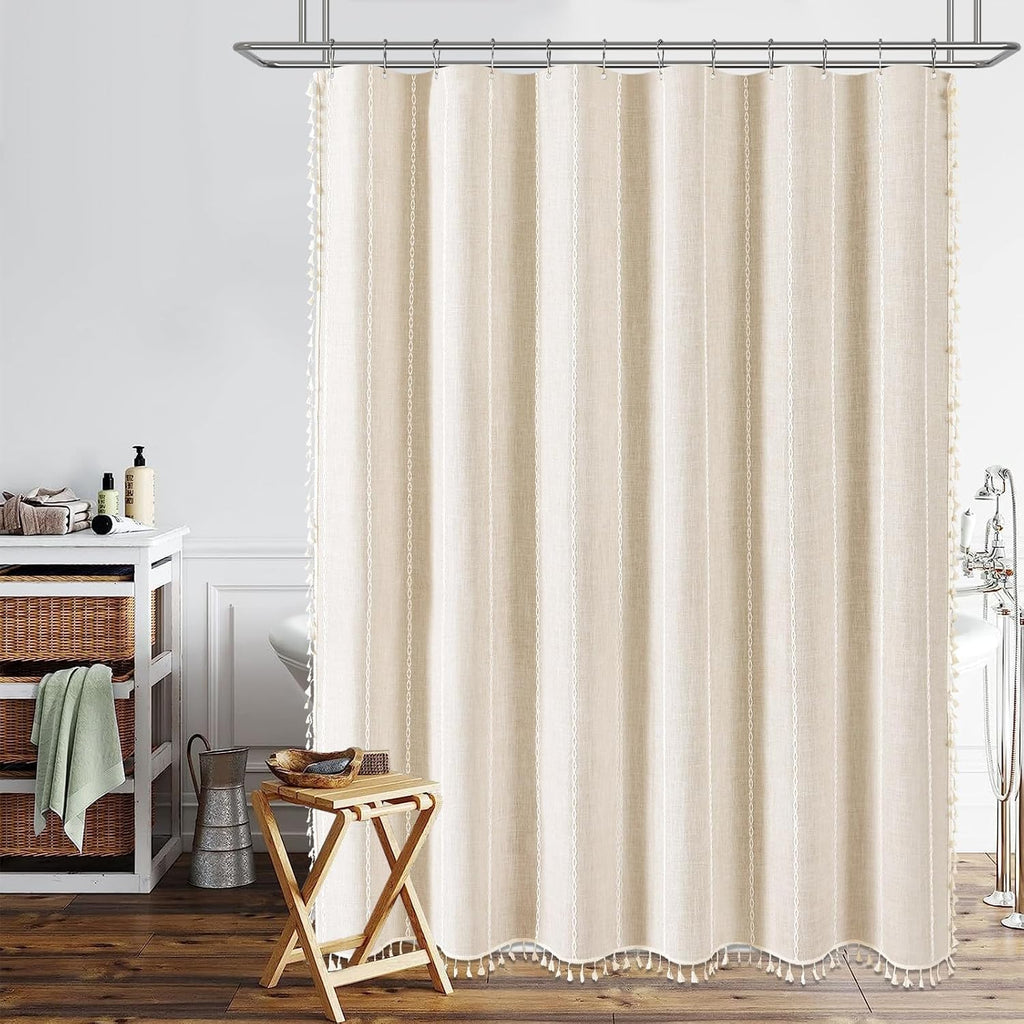 Boho Farmhouse Shower Curtain, Linen Rustic Weighted Striped Cloth Shower Curtain Set with Tassel, Water Repellent