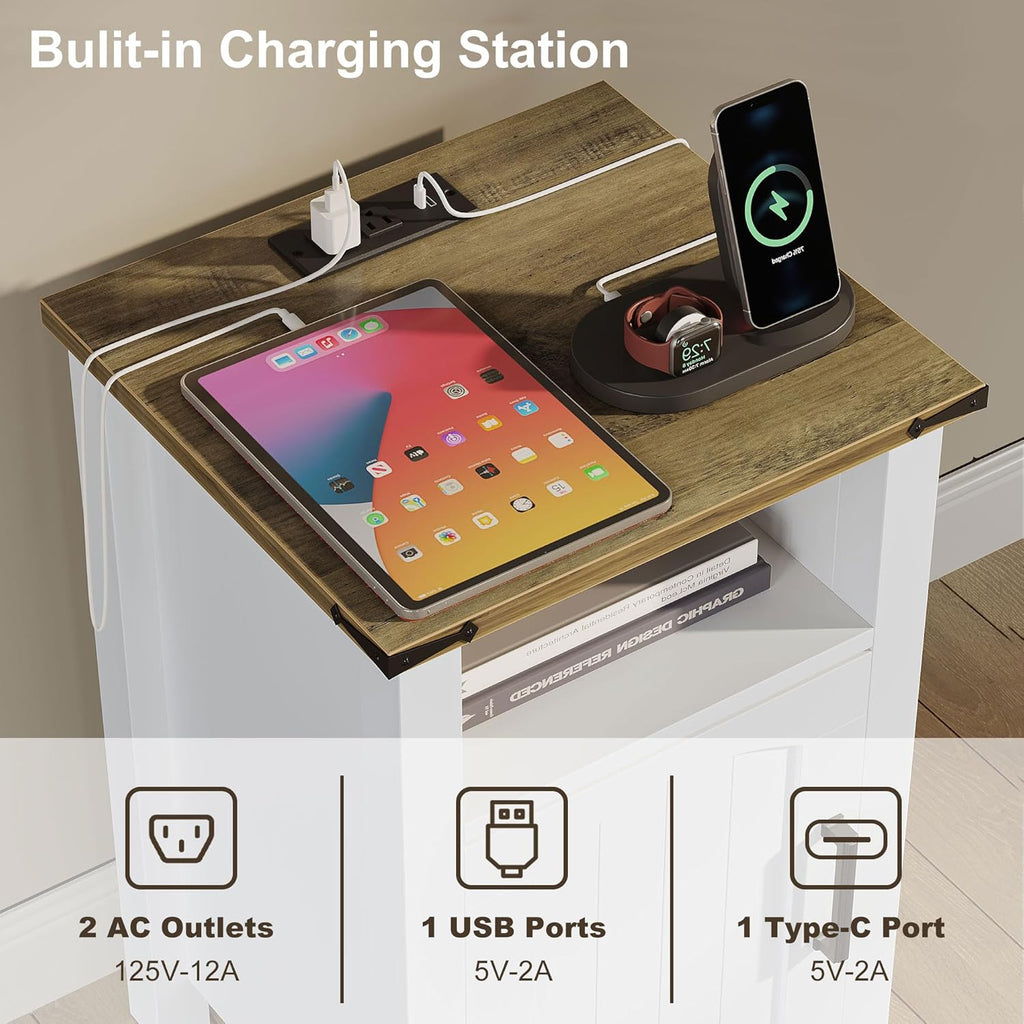 Farmhouse Nightstand with Charging Station, Set of 2 End Table with USB/Type-C Ports, Rustic Bedside Table with Large