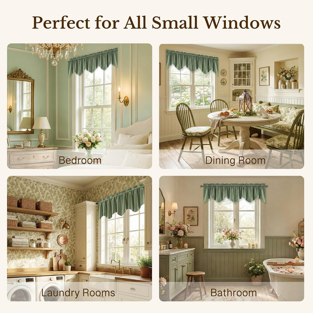 Sage Green Valance for Windows, Soft Wavy Sage Kitchen Curtains, Aesthetic Window Treatment , 52x18 Inch, 1 Panel