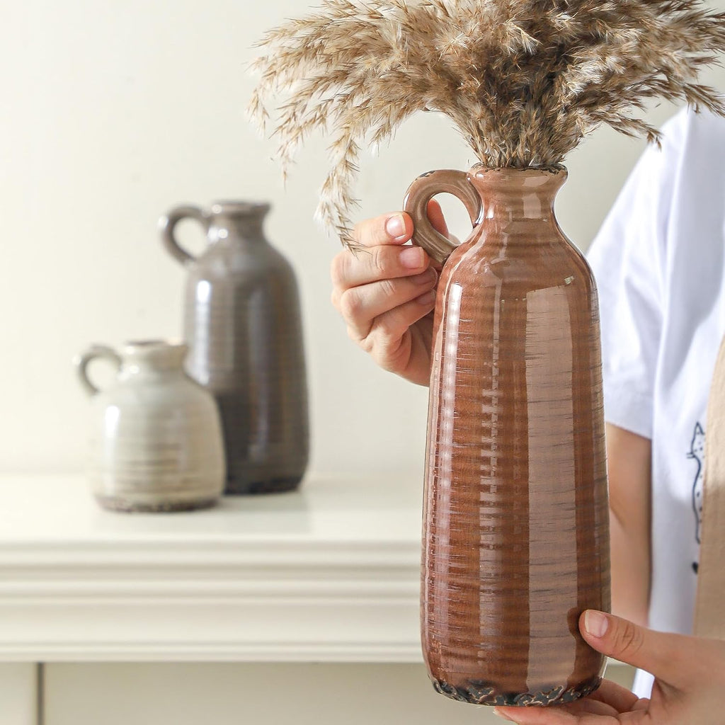 Ceramic Vases Set of 3, Neutral Rustic Farmhouse Vase with Handle, Decorative Flower Vases Home Decor Modern Boho
