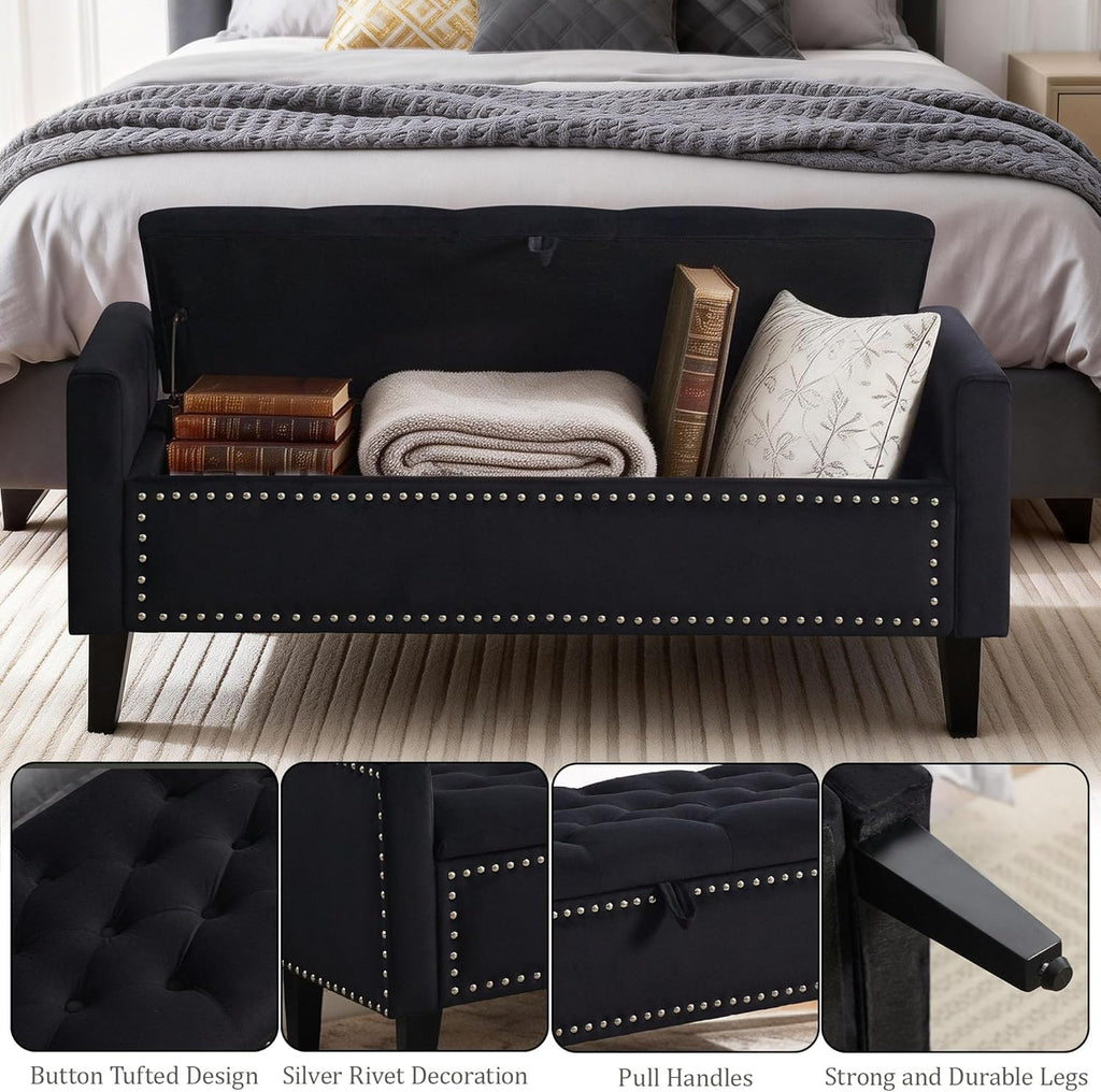 47in Velvet Storage Ottoman Bench with Arms, Upholstered Storage Bench with Wooden Legs, Storage Bench , Black