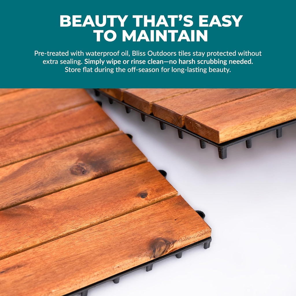 Bliss Outdoors Hardwood 6-Slat Interlocking Deck Tiles, Acacia Wooden Waterproof Patio Flooring for Balcony Indoor and