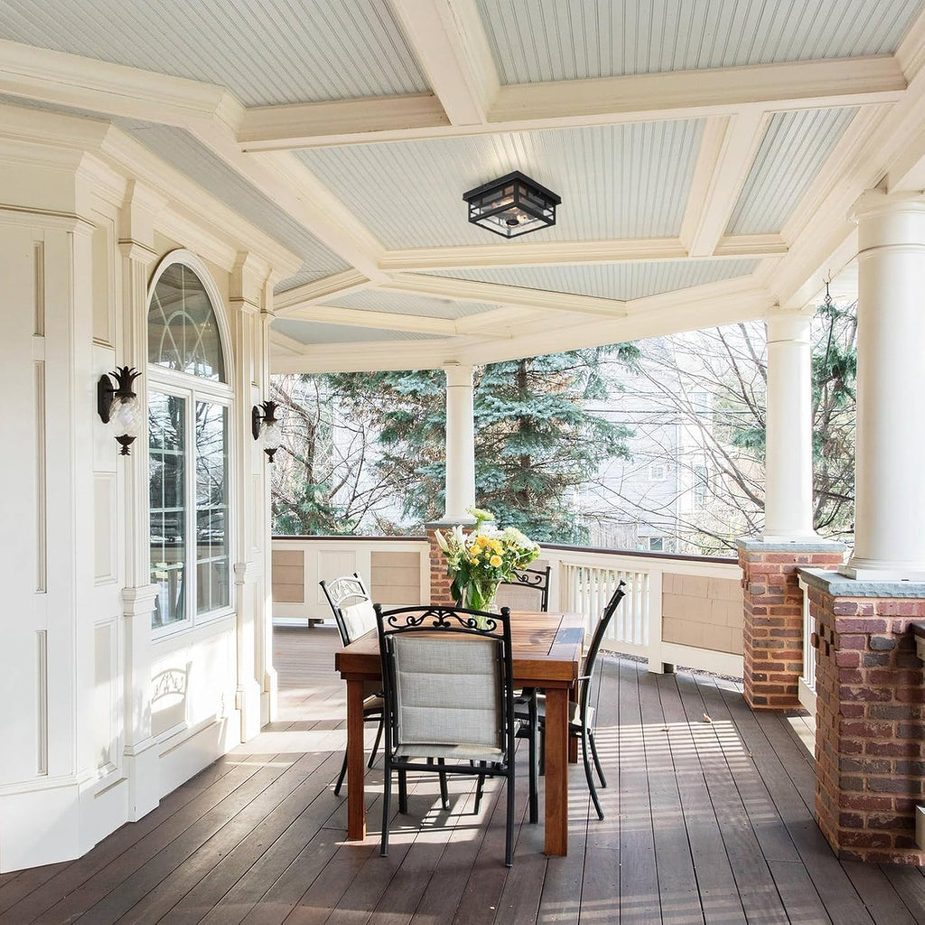 Outdoor Flush Mount Motion Sensor Ceiling Light - Timeless Industrial Design with Seeded Clear Glass for Your Porch