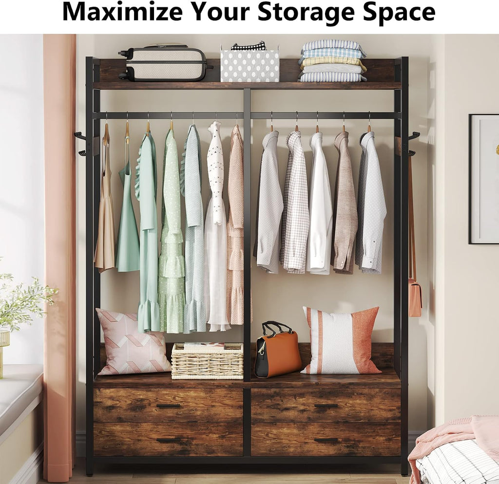 Freestanding Closet Organizer, Garment Rack with 4 Drawers | Heavy Duty Clothing Rack, Open Wardrobe Closet , 8 Hooks