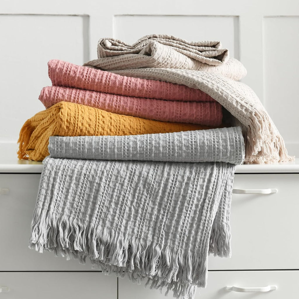 100% Cotton Waffle Blanket with Fringe, Pre-Washed Waffle Weave Blanket for All Season, Lightweight Breathable Soft