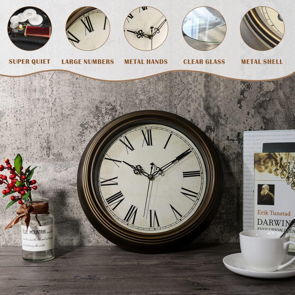 Large Metal Wall Clock, 13'' Non Ticking Classic Retro Silent Iron Clocks Decorative Kitchen Living Room