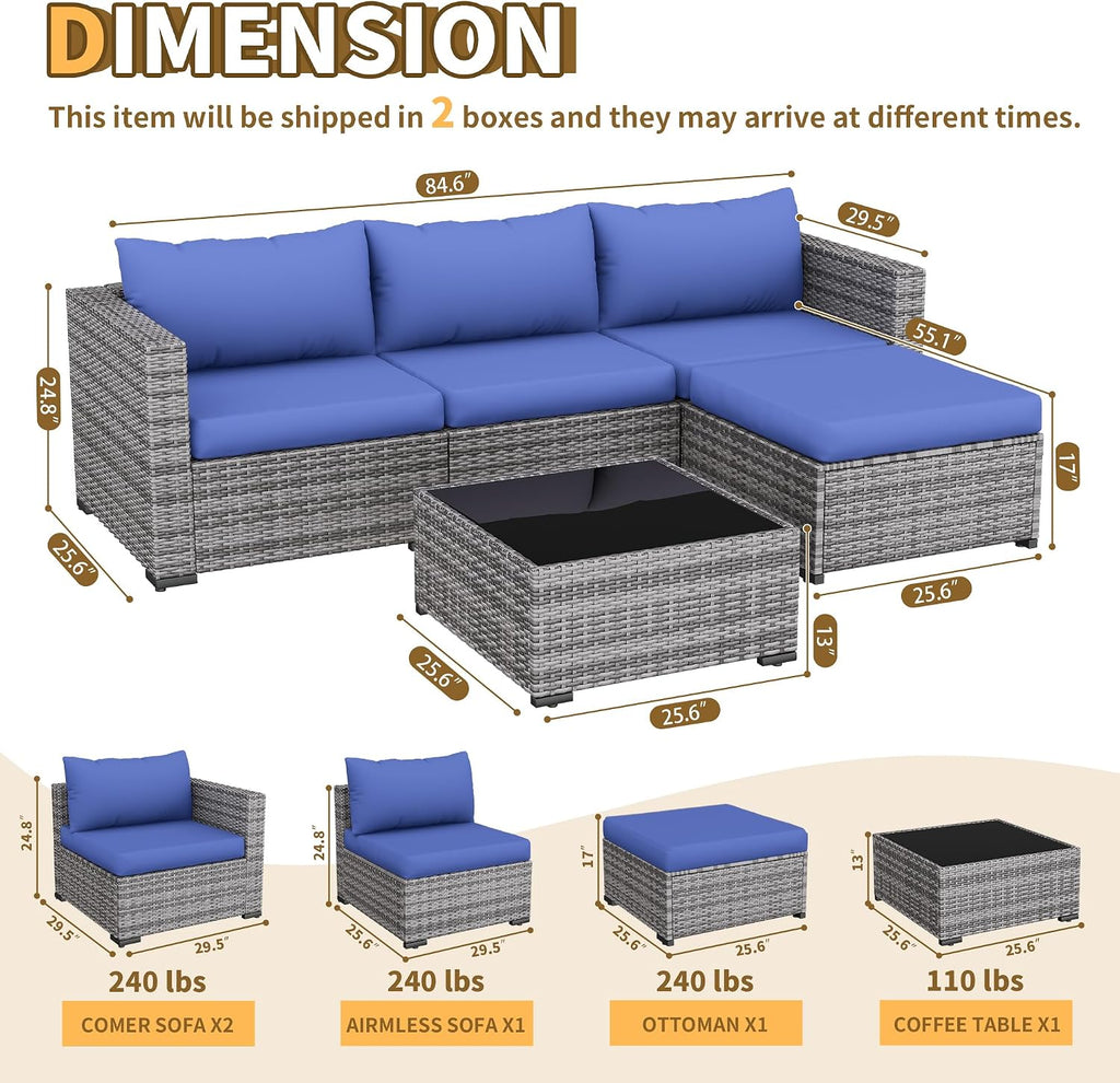 5 Piece L Shaped Outdoor Couch, Small Space Patio Furniture Set,Blue | Outdoor Sectional Sofa, All-Weather Wicker