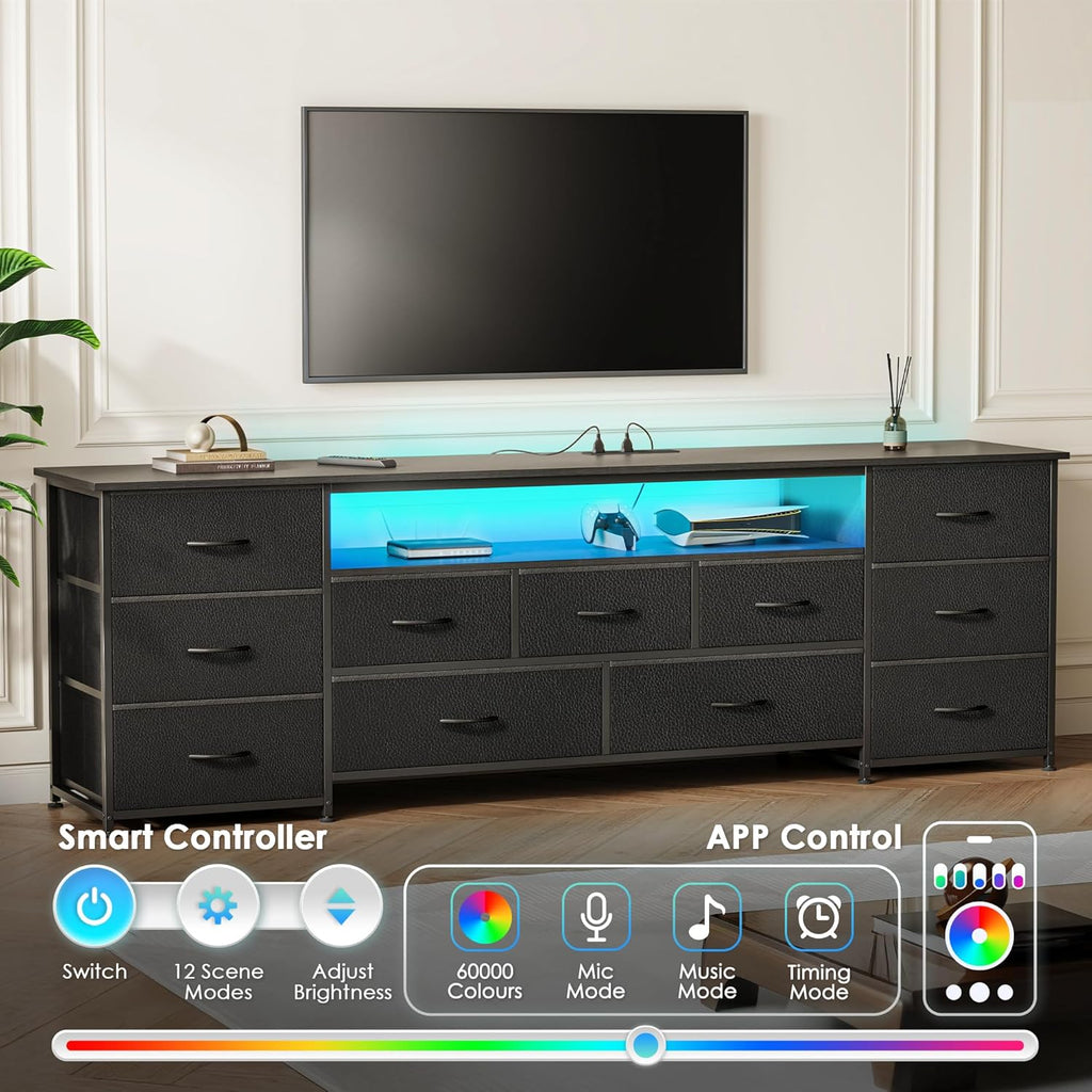 70 Inch TV Stand for 75, 80 Inch TV, 11 Drawer Long Dresser with Power Outlets and LED Lights, Entertainment Center