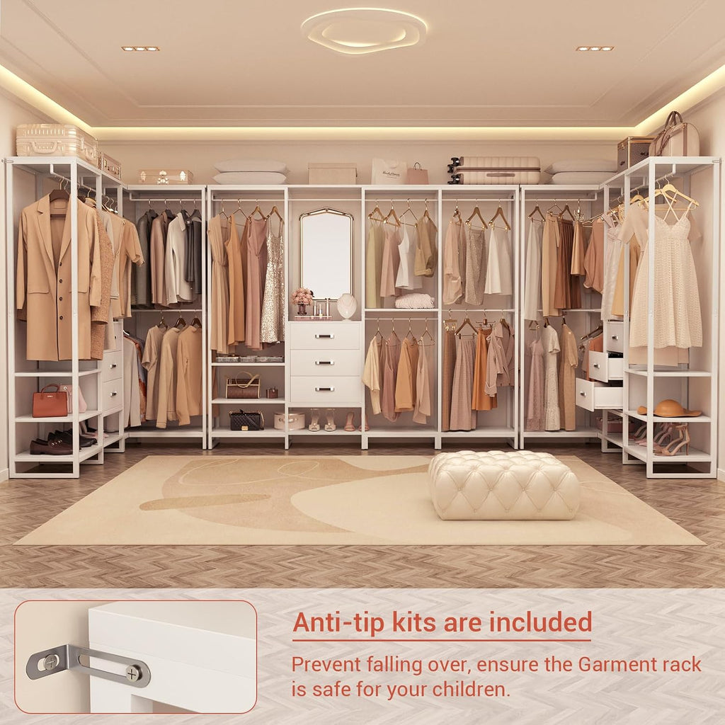 Wood Clothes Rack Wardrobe Closets for Hanging Clothes Heavy Duty Garment Rack, Large Corner L Shaped Closet System