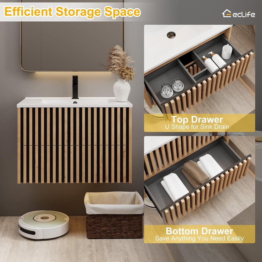 30" Floating Fluted Bathroom Vanity with Sink - Modern Wall Mounted Cabinet with 2 Drawers