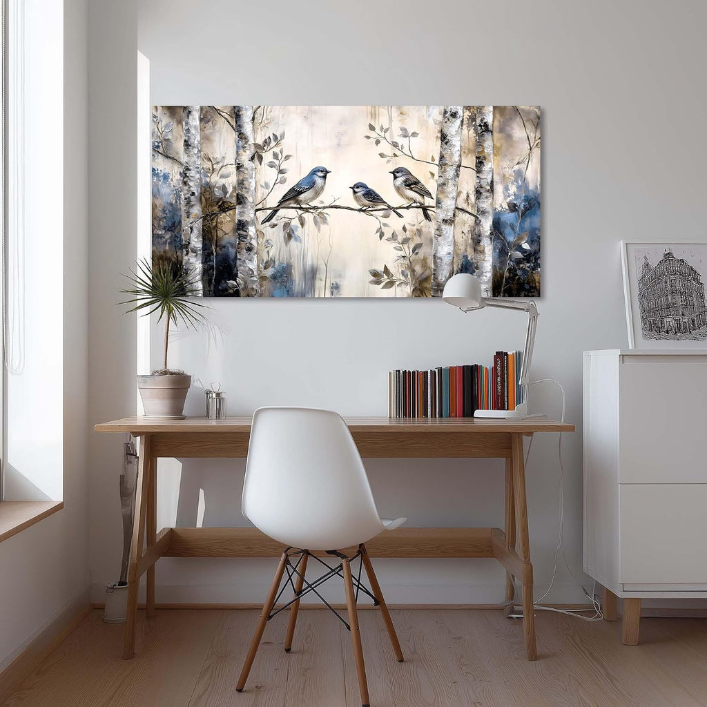 Beige Sparrow Bird Wall Art Decor Cute Chickadee Birds Canvas Pictures Birch Tree Woods Painting Prints Deco Wildlife