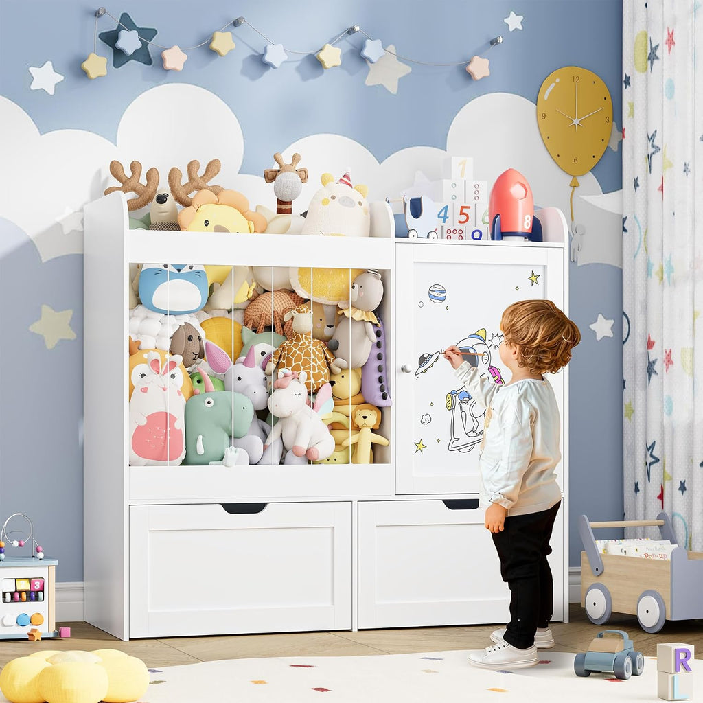 40" Toy Organizers and Storage, Stuffed Animal Holder with Magnetic Drawing Board, Wooden Toy Organizer with 2