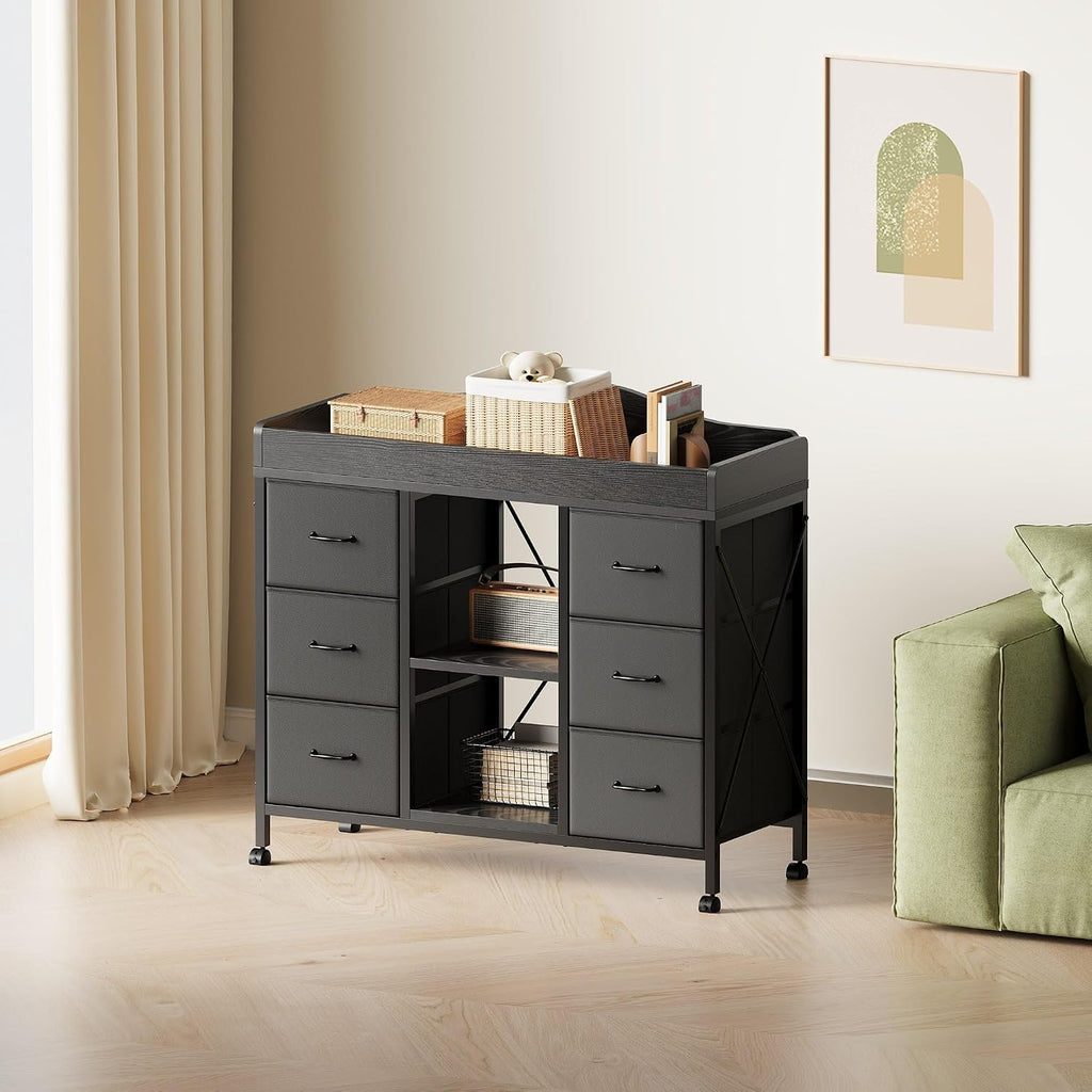 Changing Table, 6-Drawer Dresser, Adjustable Shelves, Mobile, Black | Changing Table,Waterproof Diaper pad & Safety