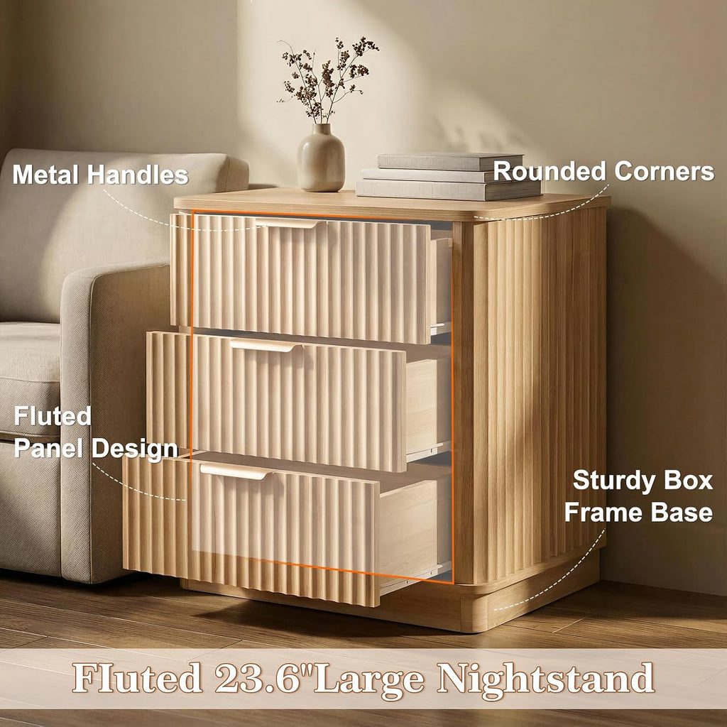 23 inch Wide Fluted Nightstand with 3 Drawers, Modern Curved Bedside Table,Wood Night Stand with Storage,End Table