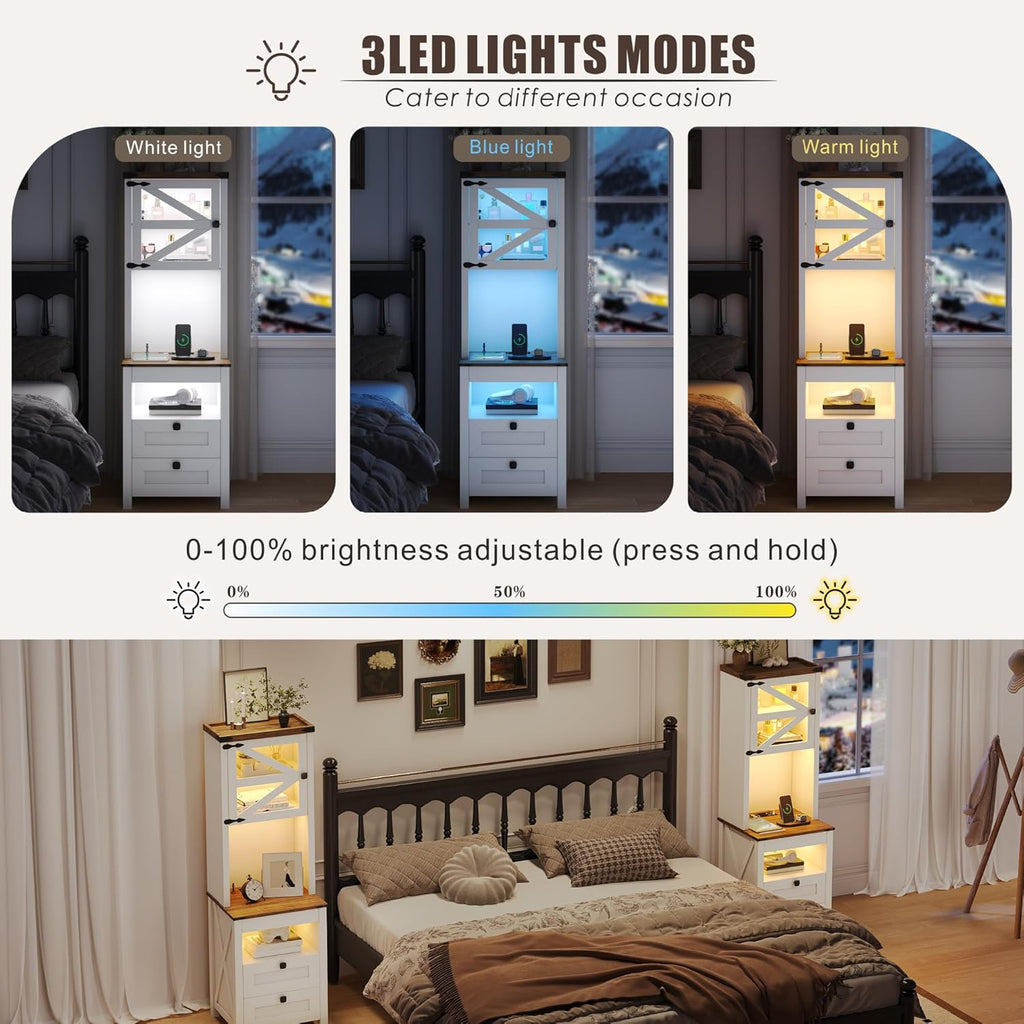 Tall Nightstand with Gun Drawer, LED Lights&Charging Station, Farmhouse | Adjustable Shelves, USB & Type-C Charging