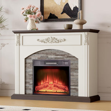 44Inch Electric Fireplace with Mantel, Farmhouse TV Stand with Electric Fire Place Heater, Stacked Stone