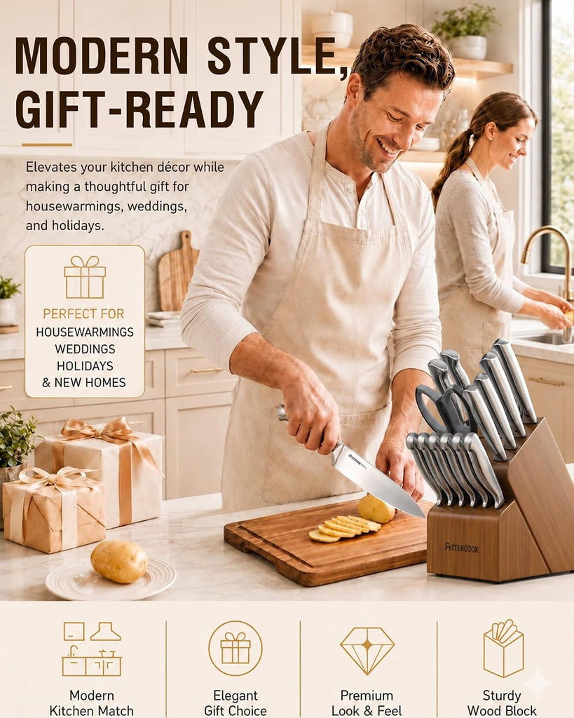Knife Set 15 Piece German Steel Kitchen Knife Block Set | Wooden Block with Built-in Sharpener, One-Piece Design