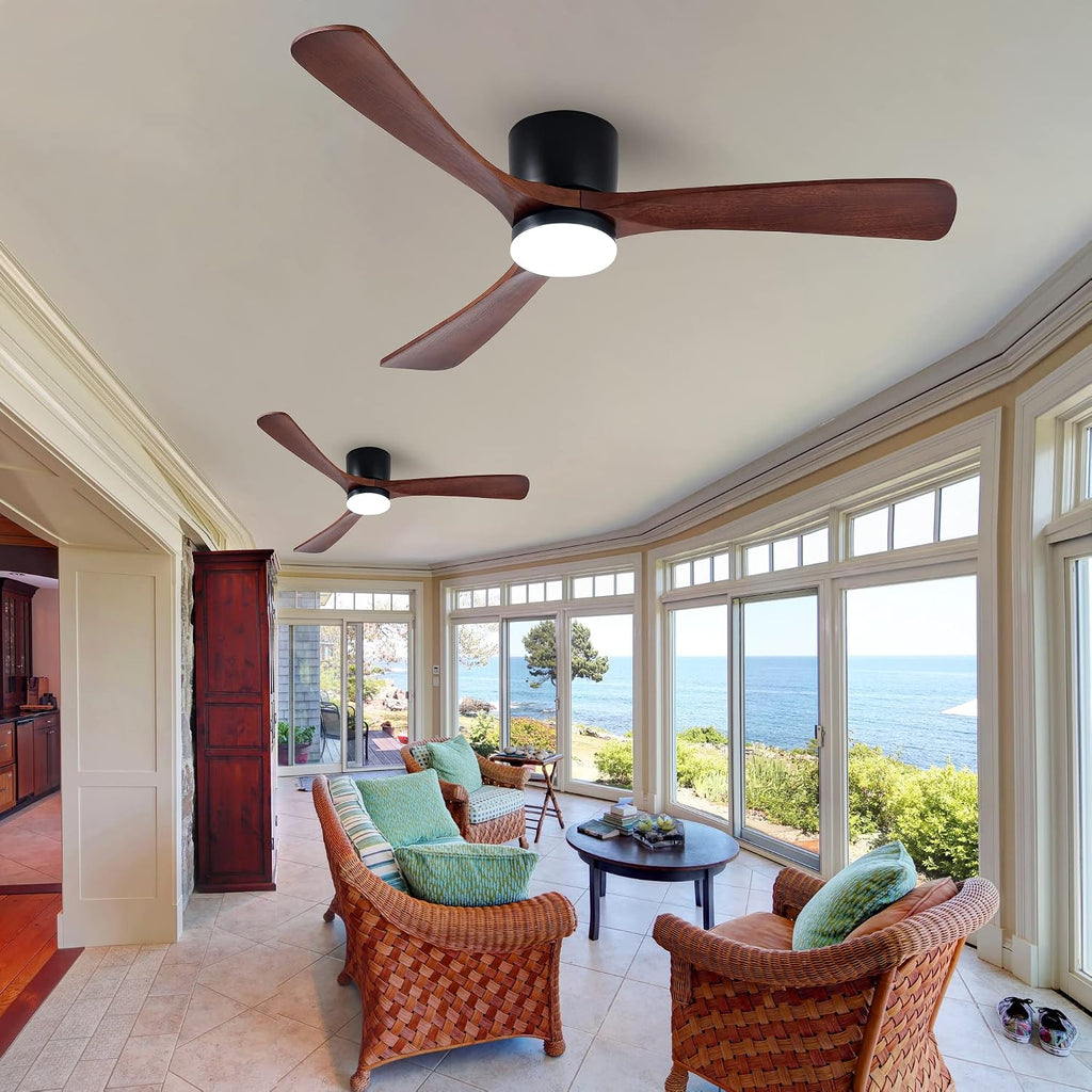 Modern 52 Inch Low Profile Flush Mount Ceiling Hugger Fan with LED Lights and Remote Control - 3 Wood Blades, Reversible DC Motor, 6 Speeds, Timer - Walnut and Matte Black