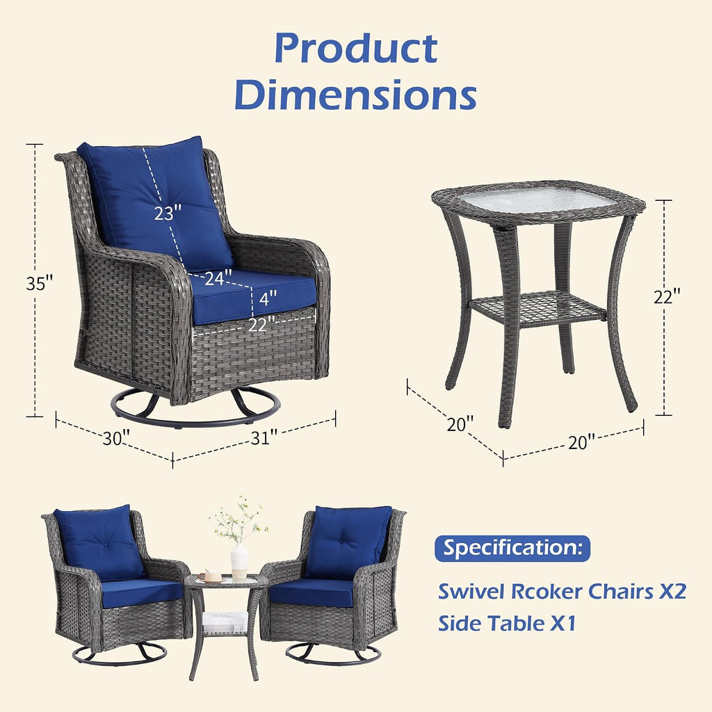 Patio Furniture Sets, 3 Pieces Wicker Outdoor Furniture - 360 Degree Swivel Rocking Chairs and Rattan Side Table for