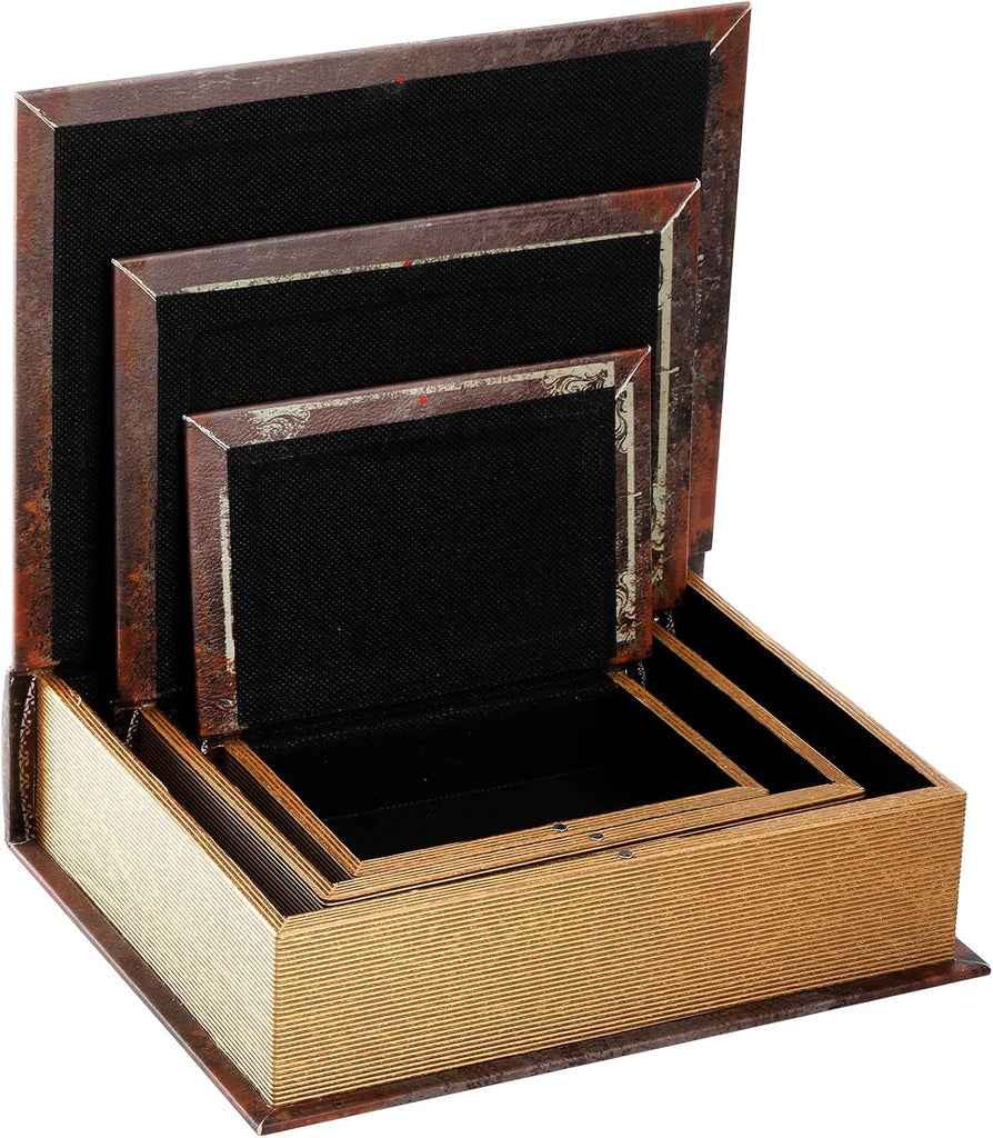 3 Pack Decorative Book Boxes with Magnetic Cover, Wooden Antique Book Decorations Vintage Storage Box - Retro Floral