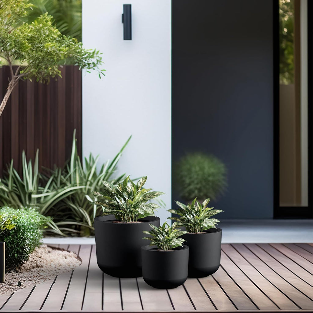 Set of 3 Black Concrete Capsule Planters 13.1" 11" 13.1" Dia | Drainage for Outdoor, Rubber Plug for Indoor Home