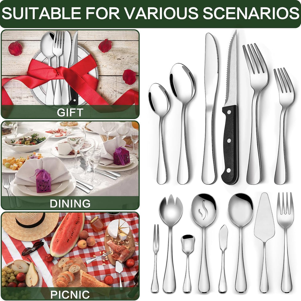 80 Pieces Silverware Set with Serving Utensils Set, Stainless Steel Flatware Set for 12 with Steak Knives