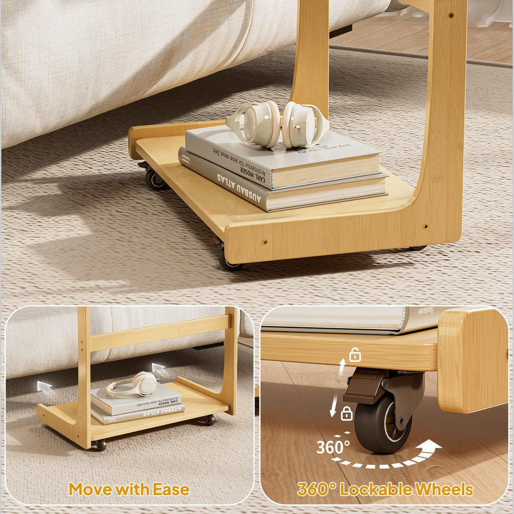 C Shaped Side Table, Rolling Bamboo with Adjustable Tilt Top & Storage Shelf, Small Couch Table with Wheels, Natural