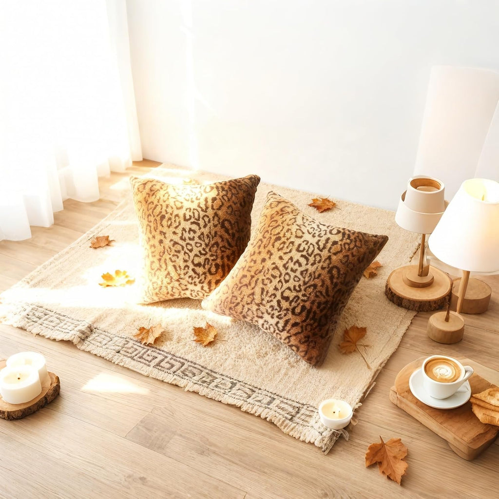Faux Fur Throw Pillows, Set of 2 Decorative Square Couch Pillow Covers, Leopard Cheetah Print Luxury Soft Plush