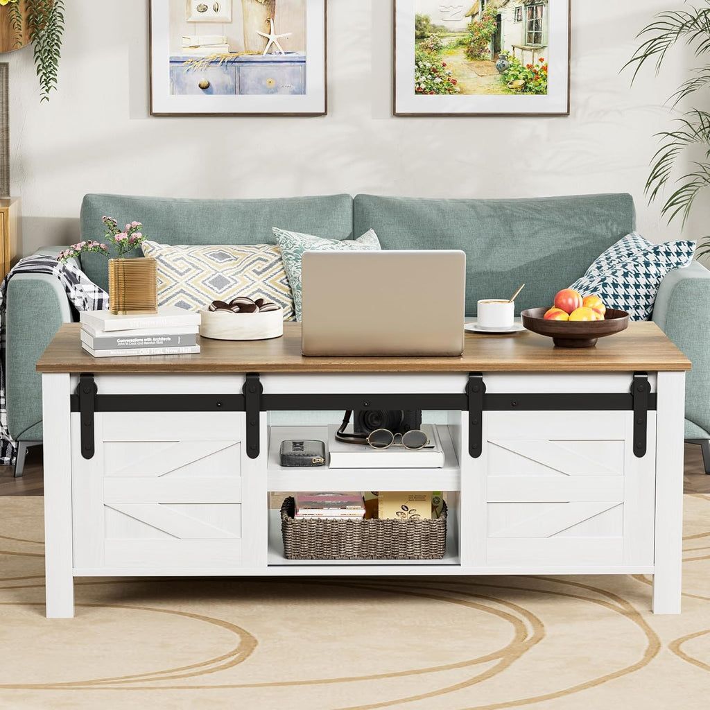 Farmhouse Coffee Table with Storage & Sliding Barn Doors, Modern Rustic Living Room Table with Adjustable Shelves