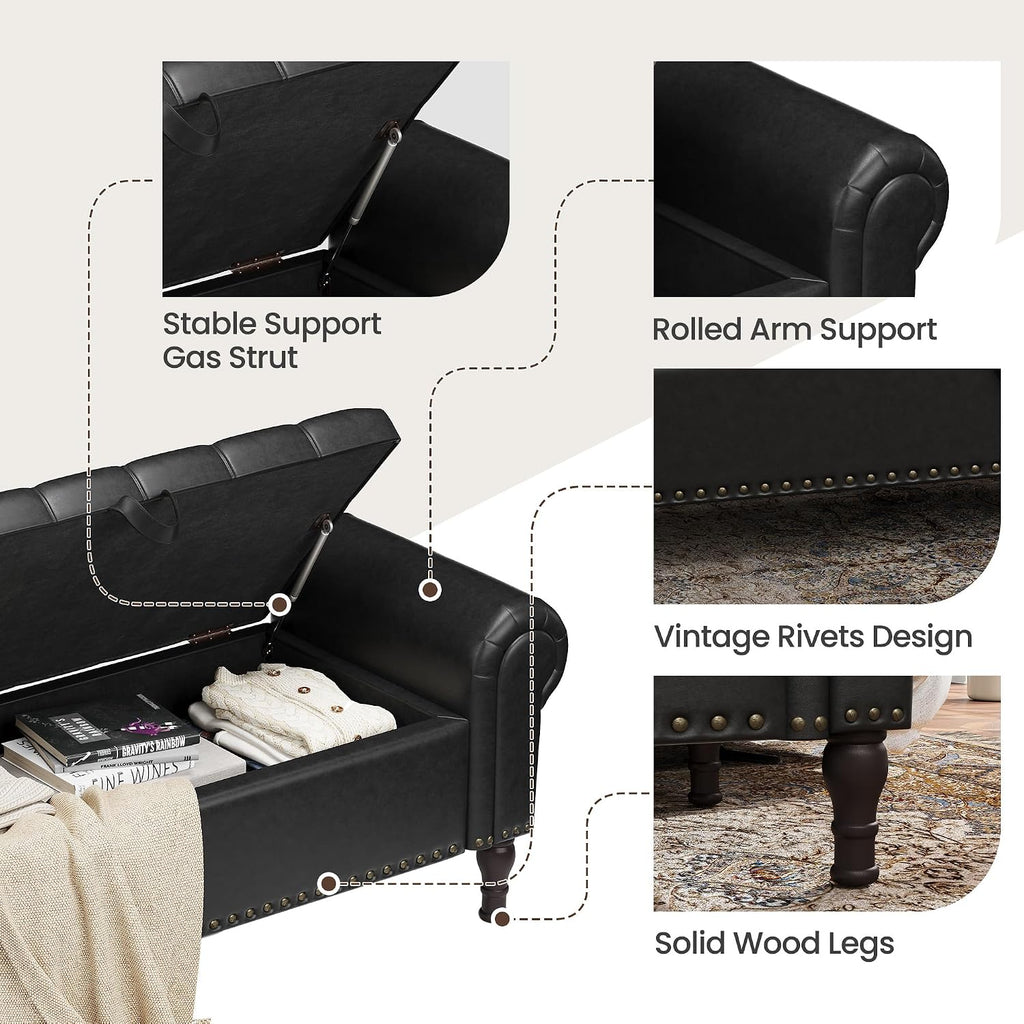 51" Ottoman with Storage, Upholstered Storage Ottoman Bench with Rolled Arms, PU Leather Storage Bench , Black