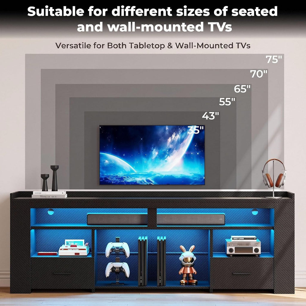 TV Stand for 75 Inch TV, Carbon Fiber Entertainment Center with 2 Drawers, Charging Station & RGB LED Light, Gaming