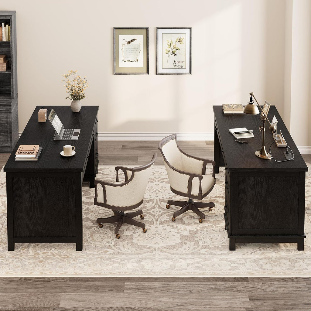 Farmhouse Executive Desk with Drawers, 53.54 in Home Office Desk with Charging Station