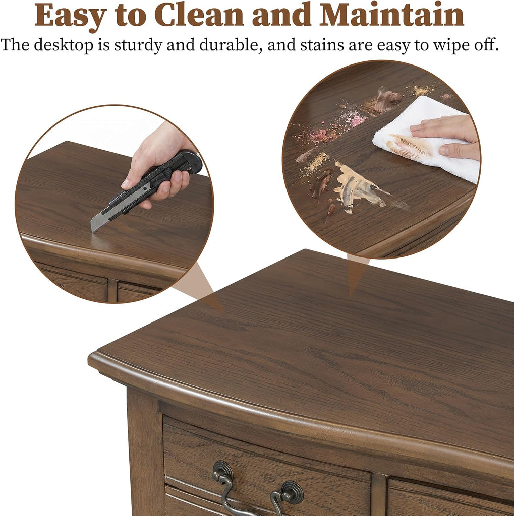 46" Vintage Vanity Desk with Curved Flower Frame Mirror, Wood Dressing Table with Storage, 5 Drawers, Makeup Vanity