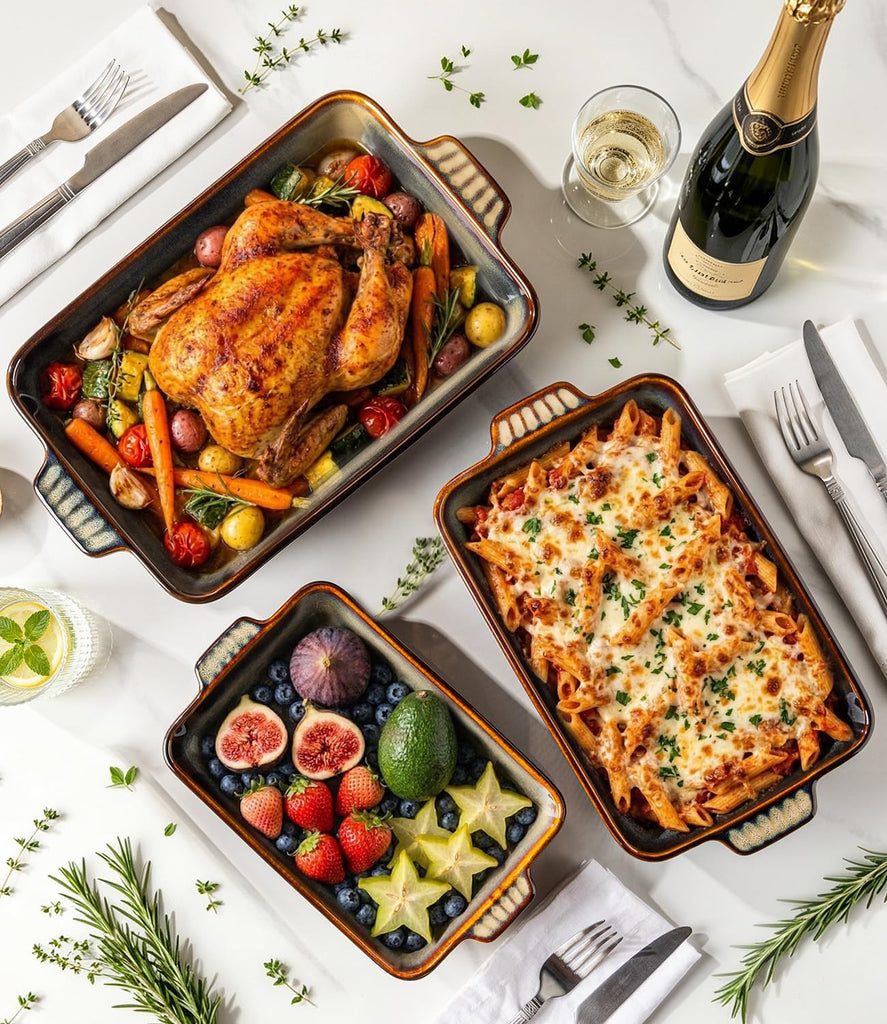 Casserole Dishes for Oven, Ceramic Dish Set of 3 | Deep Rectangular Dishes with Handles, Reactive Glaze Bakeware Set