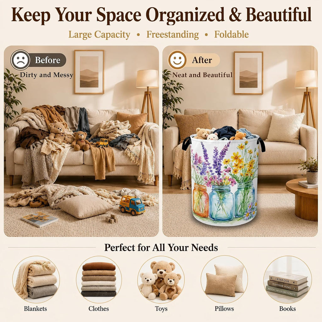 Wildflower Mason Jars Decorative Laundry Hamper, Tall Foldable Oxford Clothes Basket with Handles, Lightweight Dirty