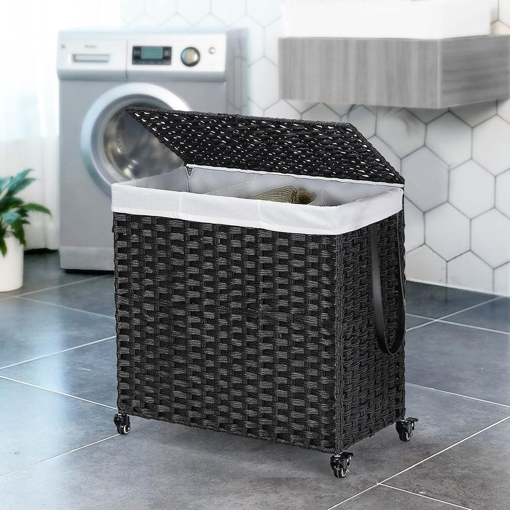 Laundry Hamper with Wheels and Lid, 125L Rattan Clothes Hamper with 2 Removable Liner Bags & Handle, 3-Section
