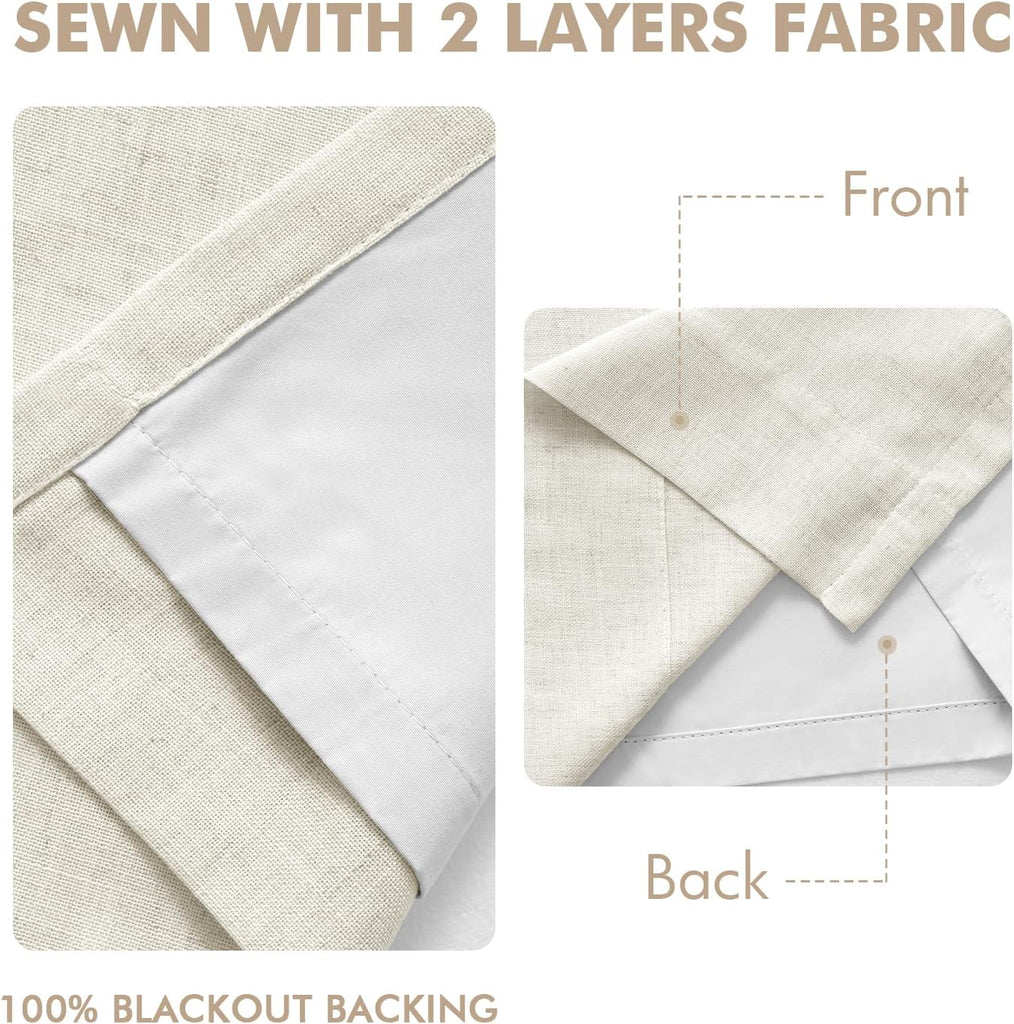 Natural Pinch Pleated 100% Blackout Linen Curtains, Room Darkening Light Blocking Window Curtains