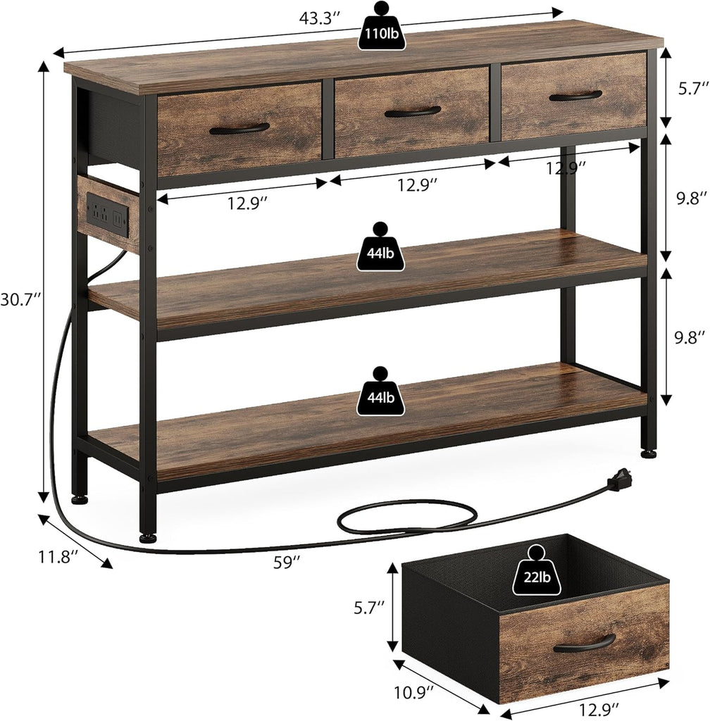Entryway Table with Outlets, 3 Fabric Drawers, 43 in Console Table | 43.3"W x 11.8"D entry table with 2 outlets, 2