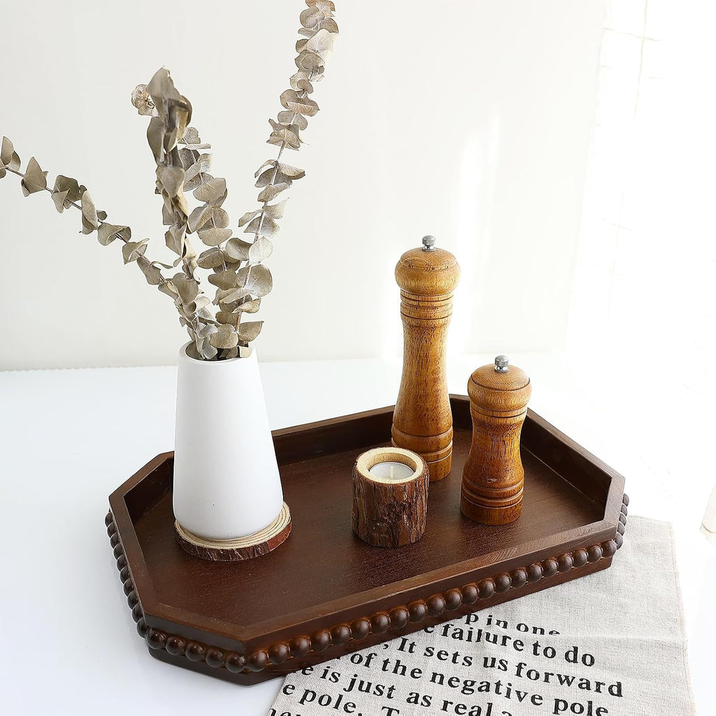 Retro Brown Wood Serving Tray with Beads, Farmhouse Decorative Tray for Table Centerpiece, Christmas Wedding