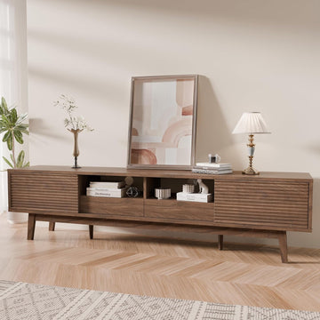 70" Mid Century Modern TV Stand for TVs up to 75 Inch, Low Profile Entertainment Center with Fluted Sliding Doors & Storage Drawers, Wood TV Console Table for Living Room, Walnut