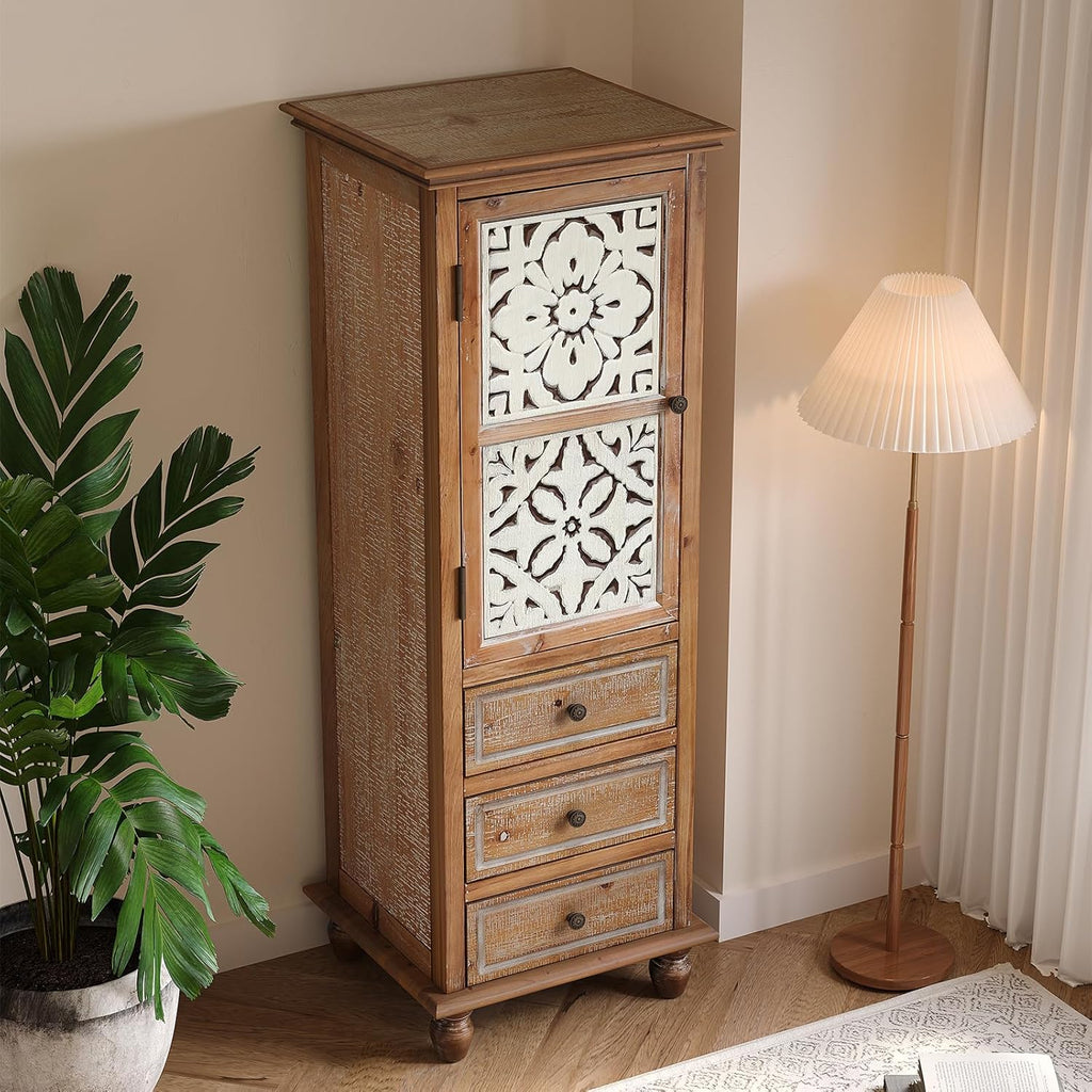 Solid Wood Tall Accent StorageCabinet,Narrow Carved Sideboard Buffet | Fir Wood 54" Tall Narrow Accent Storage