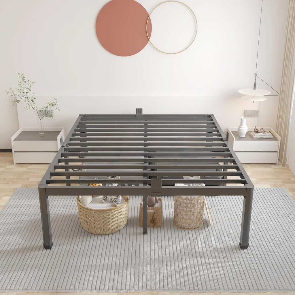18 Inch Queen Bed Frame with Rounded Corner and Headboard Hole Mattress Retainers 3500LBS Metal Heavy Duty Steel Slats