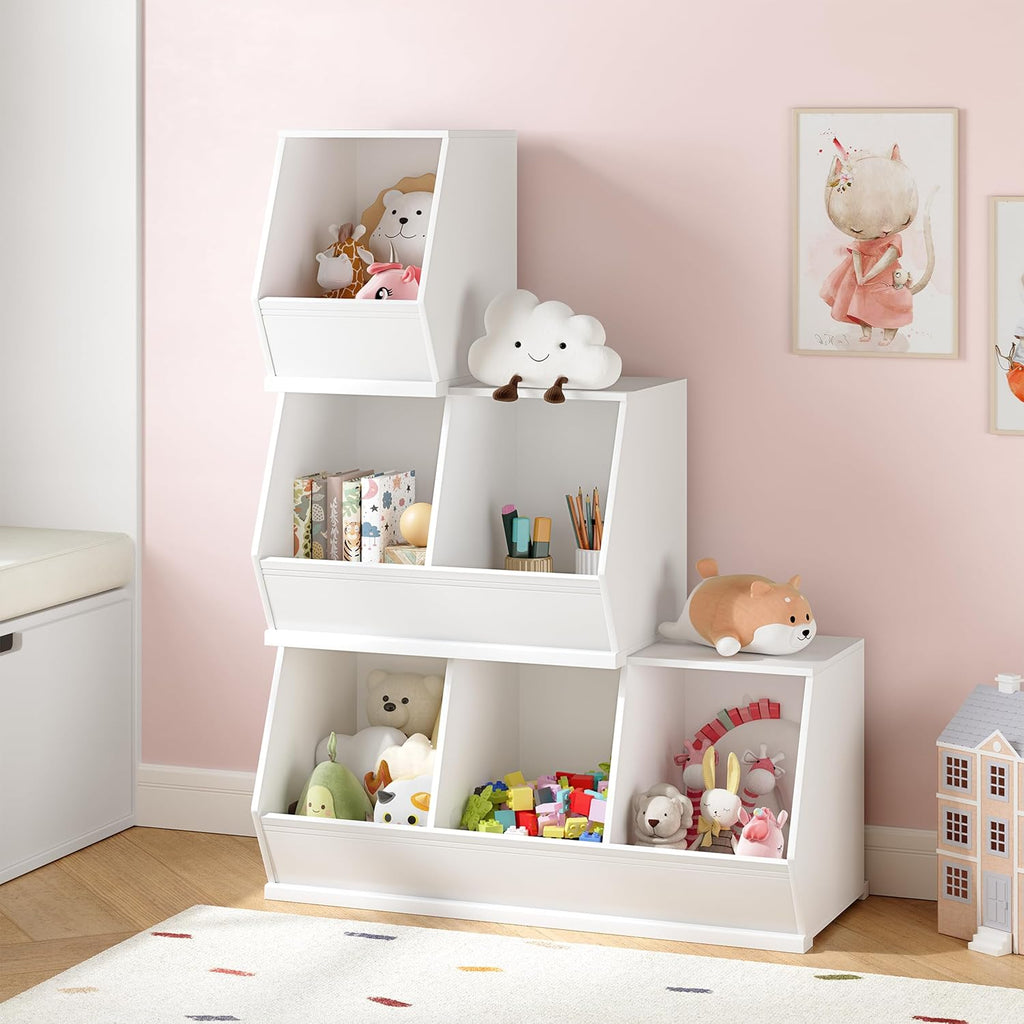 Kids Toy Storage Organizer, Stackable Bins, Cubby Toy Shelf | DIY Play Space, Slanted Front Panel, Wooden Toy