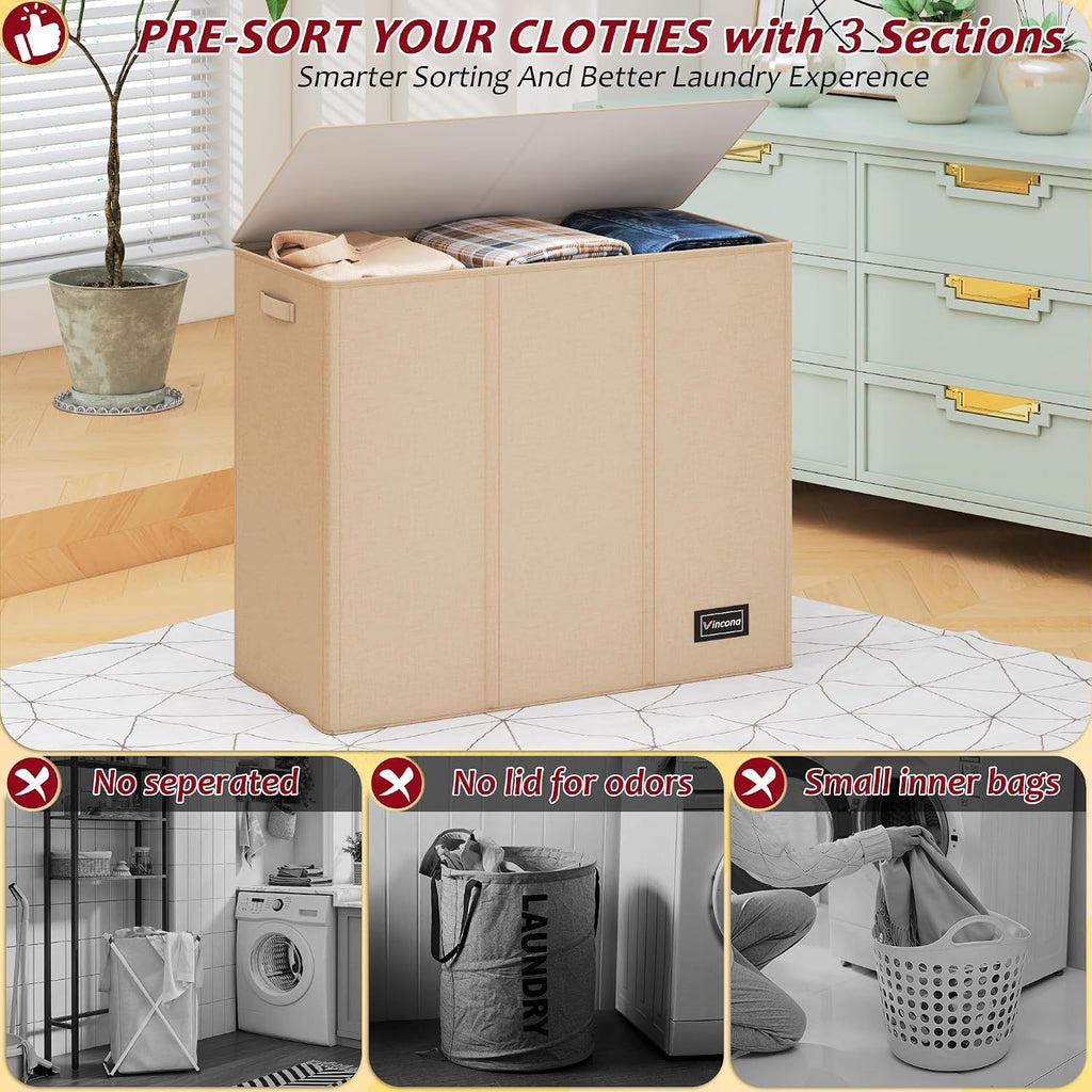 195L Laundry Hamper 3 Section,Large Laundry Hamper with Lid,Dirty Clothes Hamper with 3 Inner Bags,Collapsible