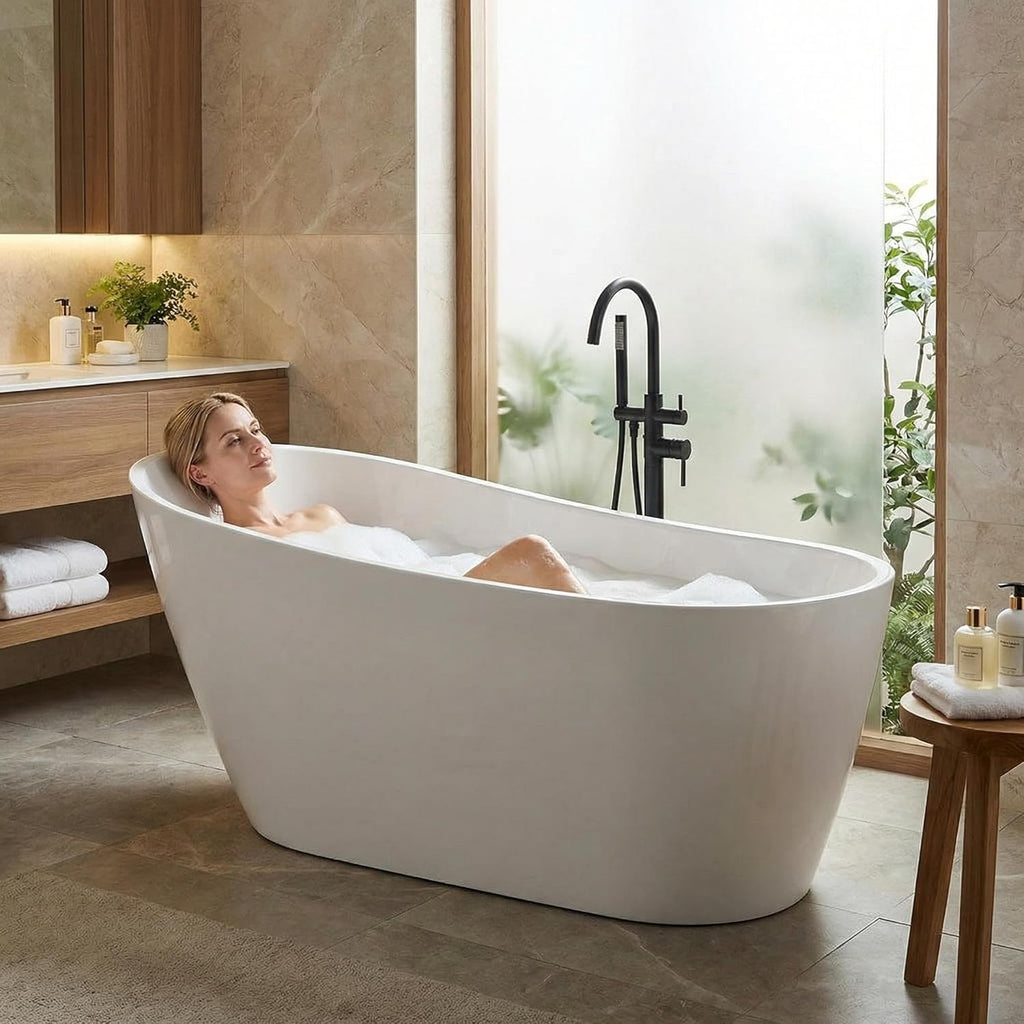 59 Inch Acrylic Freestanding Bathtub, Deep Soaking Tub with Non-Slip Base, CUPC Certified Free Standing Tub, Chrome