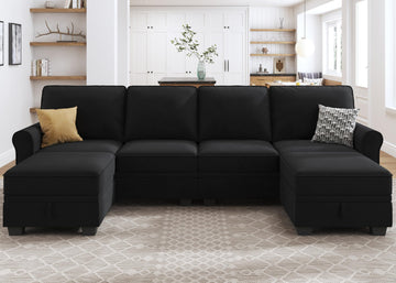 Velvet U Shaped Sectional Sofa with Storage, Black Velvet