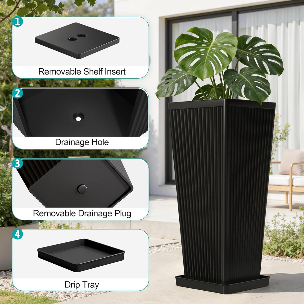 Tapered Tall Planters for Outdoor Plants 2 Pack- 23.6 Inch Square Indoor Flower Pots with Drainage Holes and